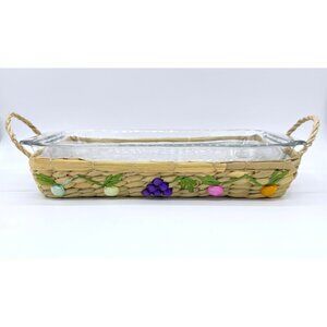 Vintage Clear Glass Casserole Dish In A Raffia Wicker Serving Basket With Colorf